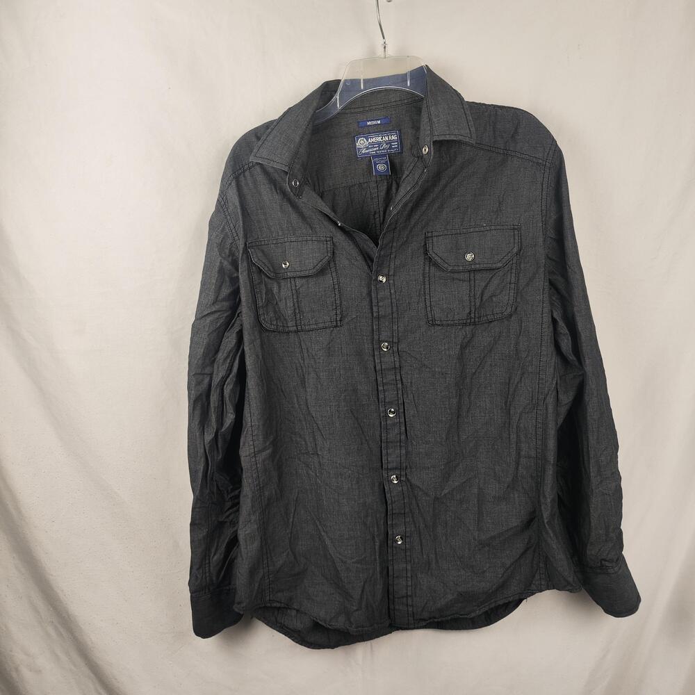 American Rag Shirt Mens Medium Gray Chambray Snap Button Long Sleeve Casual